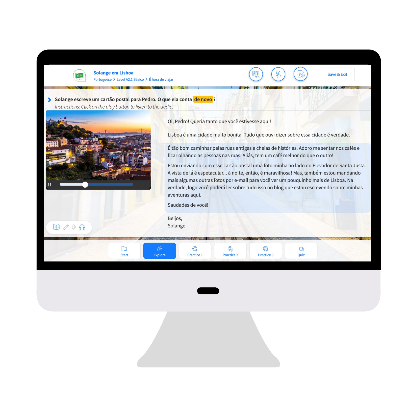 Portuguese course on monitor Portuguese course on a screen