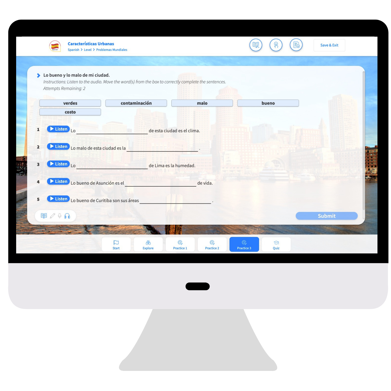 Spanish course on monitor Spanish course on a screen